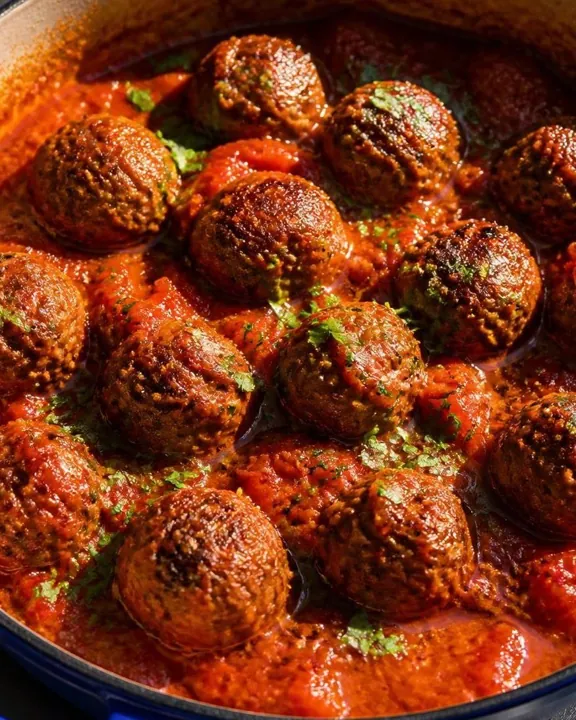 Almôndegas ao molho de tomate em panela azul