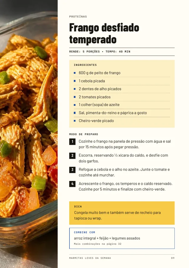 Página da receita de frango desfiado com foto
